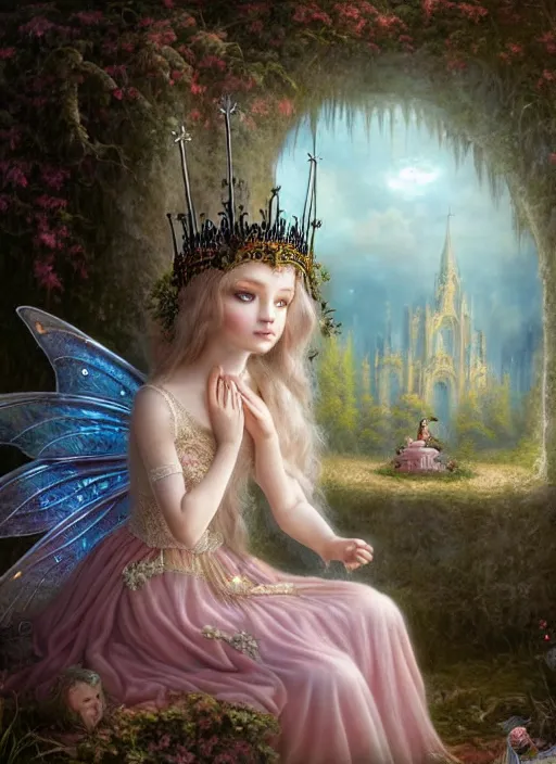 Image similar to highly detailed closeup, simple hand gestures, portrait of a gothic fairy princess wearing a crown and sitting on a throne, unreal engine, nicoletta ceccoli, mark ryden, earl norem, lostfish, global illumination, god rays, detailed and intricate environment