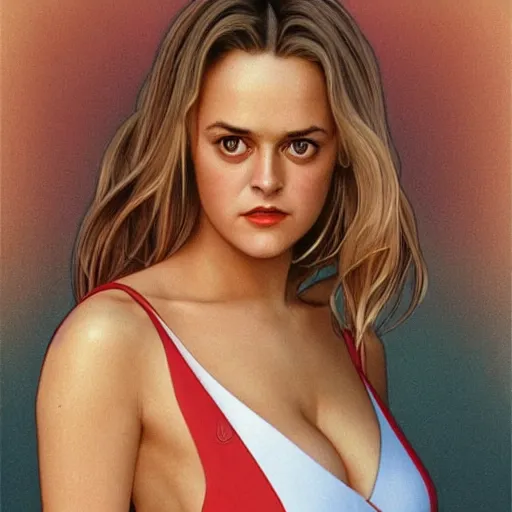 Image similar to of 9 0 s alicia silverstone wearing a red v - neck one - piece swimsuit symmetrical face concept art, octane render unreal engine meta humans, smooth, sharp focus, illustration, art by artgerm and greg rutkowski and alphonse mucha trending on artstation