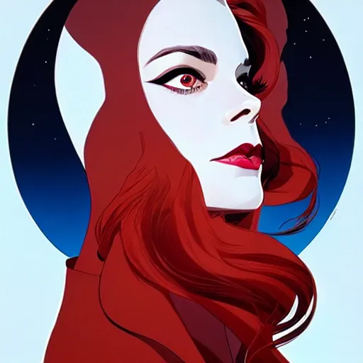 Image similar to Joshua Middleton comic art, wide shot, stunning elegant female Natalie Wood, white mask, beautiful evil sneer, symmetrical face, symmetrical eyes, leather clothing and boots, long straight red hair, full body, Indigo occult pattern