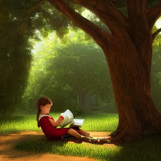 Prompt: a child reading a book under tall tree growing in the middle of a beautiful ancient Victorian library. inspired by Albert Bierstadt, ultra-realistic, 4K, featured on artstation