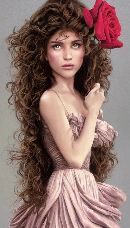 Image similar to portrait of young brunette from 1985, 80s theme, 80s hair, dreamy and ethereal, expressive pose, big brown eyes, peaceful expression, ornate frilly dress, fantasy, intricate, elegant, rose tones, highly detailed, digital painting, artstation, concept art, smooth, sharp focus, illustration, art by artgerm and greg rutkowski and alphonse mucha