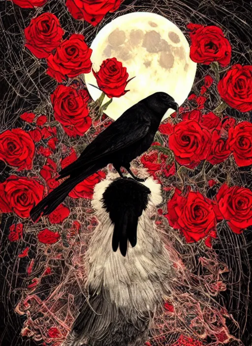 Image similar to portrait, A crow with red eyes in front of the full big moon, book cover, red roses, red white black colors, establishing shot, extremly high detail, foto realistic, cinematic lighting, pen and ink, intricate line drawings, by Yoshitaka Amano, Ruan Jia, Kentaro Miura, Artgerm, post processed, concept art, artstation, matte painting, style by eddie mendoza, raphael lacoste, alex ross