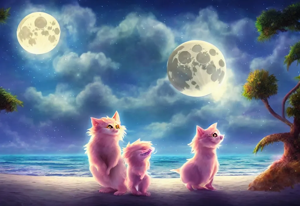 Image similar to cute magical fantasy animals at a beach looking at the moon, ultra realistic, concept art, highly detailed