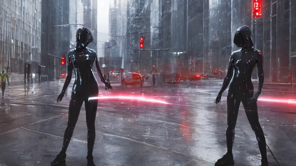 Image similar to modern sci-fi ninja woman with a sword and transparent plastic rainjacket and translucent clothing, walking towards oncoming busy traffic trucks and cars, in downtown chicago, daytime, wet floor on streets, matte painting, unreal engine, cinematic camera, mirrors edge, sunset overdrive