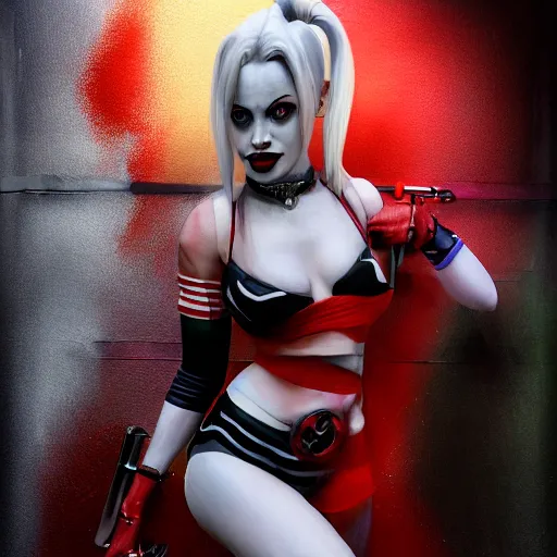 Image similar to full body pose, hyperrealistic mixed media painting of a harley quinn, dim volumetric lighting, 8 k, octane beautifully detailed render, extremely hyper detailed, intricate, epic composition, cinematic lighting, masterpiece, trending on artstation, very very detailed, masterpiece, stunning, hdr, smooth, sharp focus, high resolution, award, winning photo, dslr, 5 0 mm