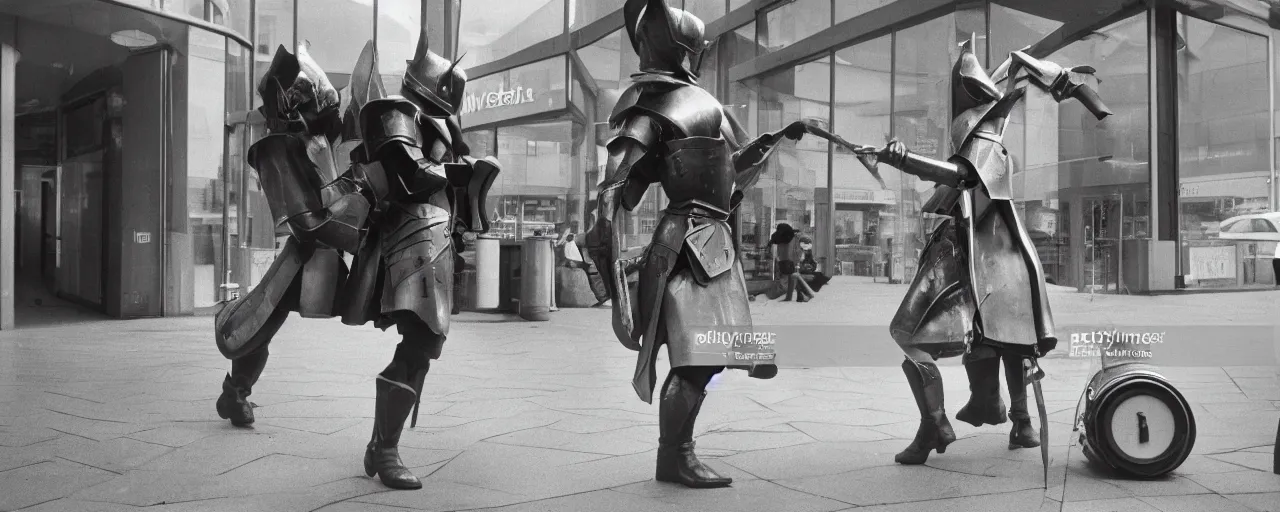 Image similar to Elden Ring:Liverpool 1980 a young woman tries to sneak past a giant dustbin knight outside Belle Vale Shopping Centre high quality professional photo AP PHOTOS