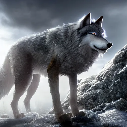 Prompt: a giant grey wolf with a white main and two unicorn horns on its head, a white star shape on his four head, yellow eyes, beautiful, ultra realistic, great wolf, unreal engine 5, dynamic lighting, highly detailed, lightning around