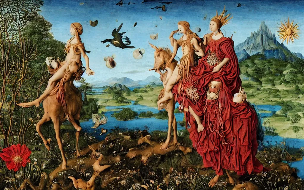 Prompt: a portrait photograph of a meditating harpy and a centaur king riding eagles and hugging animals at a river delta. surrounded by bulbous flowers, animals and trees. mountains range under a blue sky of burning stars. painted by jan van eyck, max ernst, ernst haeckel and ernst fuchs, cgsociety, artstation, fashion editorial, 8 k