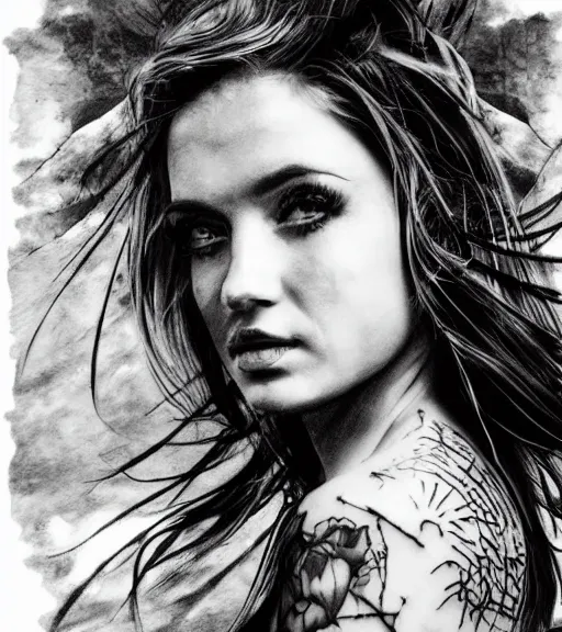 Image similar to tattoo design sketch of the most beautiful woman portrait with a background of beautiful mountains on the side, hyper - realistic, double exposure effect, in the style of den yakovlev, amazing detail, black and white, faded