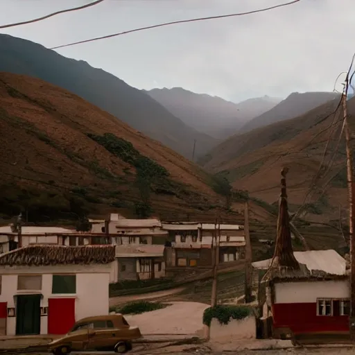 Image similar to cinematic shot from a wes anderson film showing a village in the andes