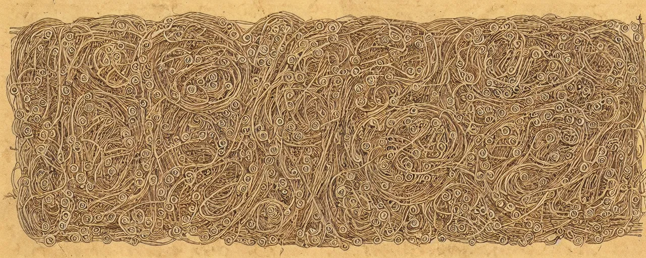 Image similar to ancient book with images of spaghetti, in the style of the popol vuh, fine detail,