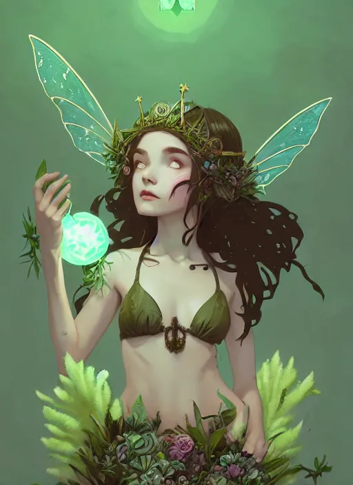 Prompt: portrait of cute fairy girl with crown of flowers in plants bikini covered with celtic rune tattoos, fantasy, by atey ghailan, by greg rutkowski, by greg tocchini, by james gilleard, by joe gb fenton, by in kaethe butcher, dynamic lighting, gradient light green, brown, blonde cream and white color in scheme, grunge aesthetic