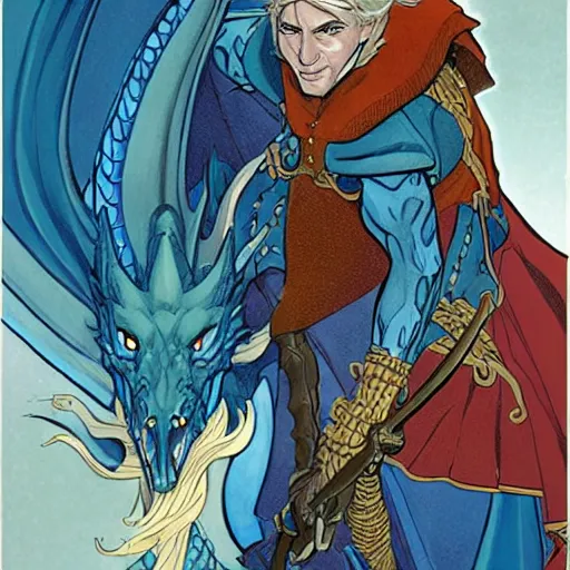 Image similar to half - length porrtrait of a medieval fantasy male anthropomorphic blue dragon with electrcity magic, fantasy, d & d, high details, art by phil noto and frank miller
