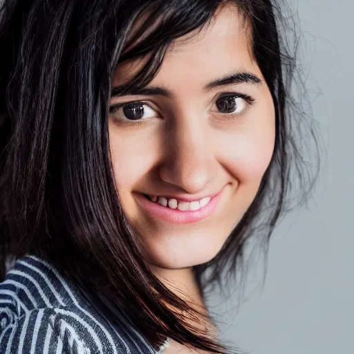 Image similar to young woman with shoulder - length messy black hair, slightly smiling, 1 3 5 mm nikon portrait