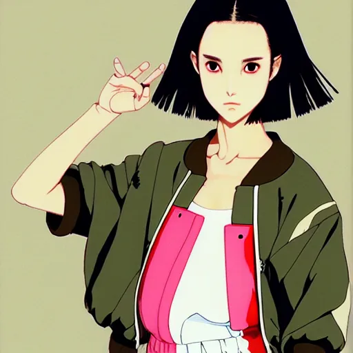 Image similar to a beautiful japanese natalie portman gravure model, wearing oversized native designer bomber jacket and leotard with overalls, bulky poofy bomber jacket with mesoamerican patterns, mesoamerican native street fashion, gapmoe yandere grimdark, trending on pixiv fanbox, painted by greg rutkowski makoto shinkai takashi takeuchi studio ghibli, akihiko yoshida