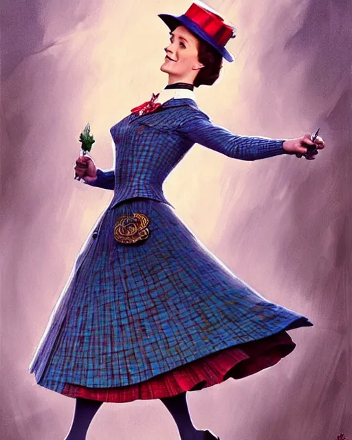 Image similar to Julie Andrews Mary Poppins from Disney 1964 dancing, D&D, fantasy, intricate, elegant, highly detailed, digital painting, artstation, concept art, matte, sharp focus, illustration, hearthstone, art by Artgerm and Greg Rutkowski and Alphonse Mucha