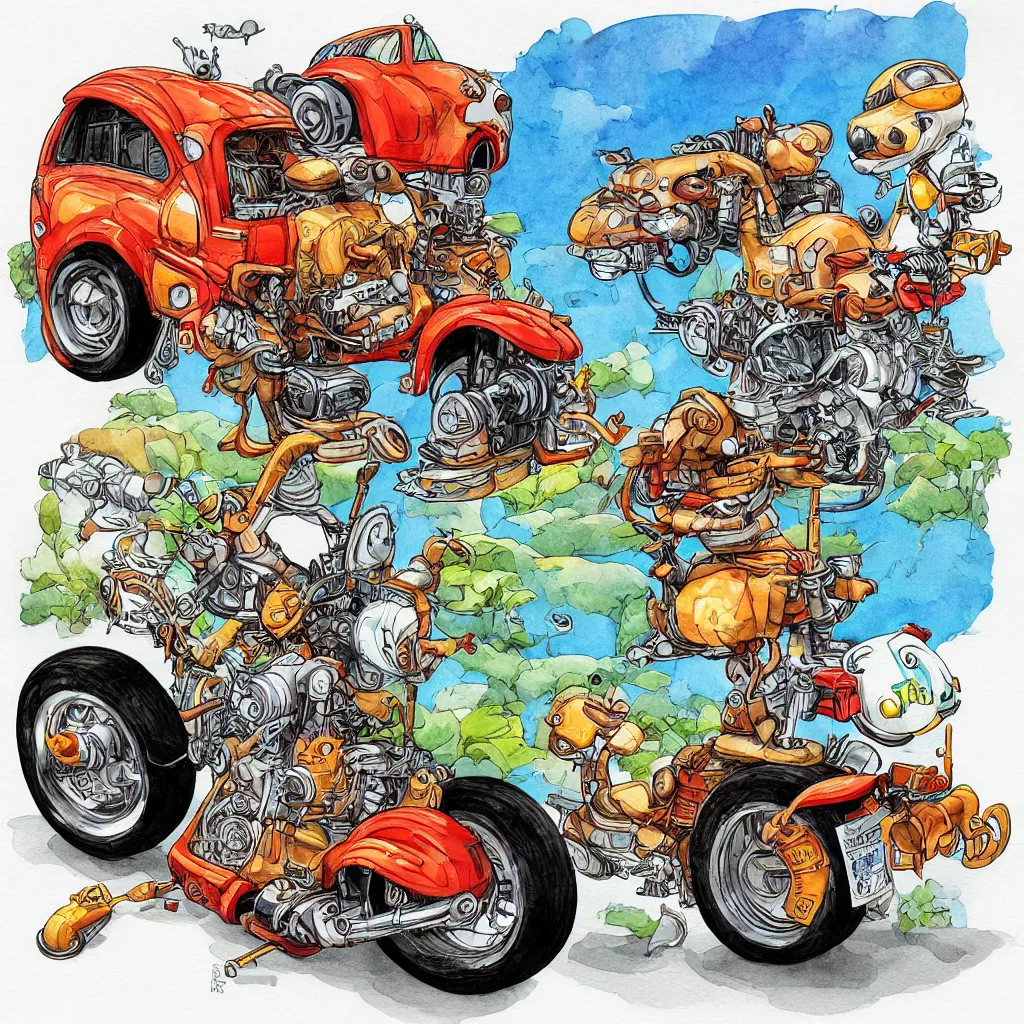 Image similar to cute and funny, squirrel wearing a helmet riding in a hot rod with oversized engine, ratfink style by ed roth, centered award winning watercolor pen illustration, isometric illustration by chihiro iwasaki, edited by range murata, tiny details by artgerm and watercolor girl, symmetrically isometrically centered, sharply focused