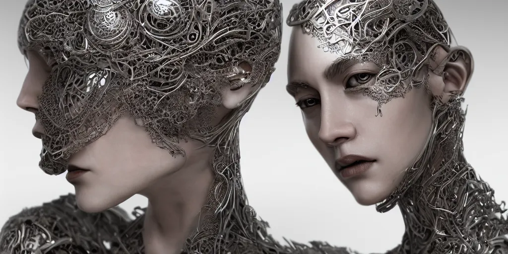 Image similar to hyper realistic photography of a stunningly beautiful cyborg male and woman, intimate, intricate filigree, in the style of beth cavener, jin kagetsu, and wlop, highly detailed, chrome face symmetry, masterpiece, award winning, sharp focus, concept art, high key, ambient lighting, 8 k, octane render,