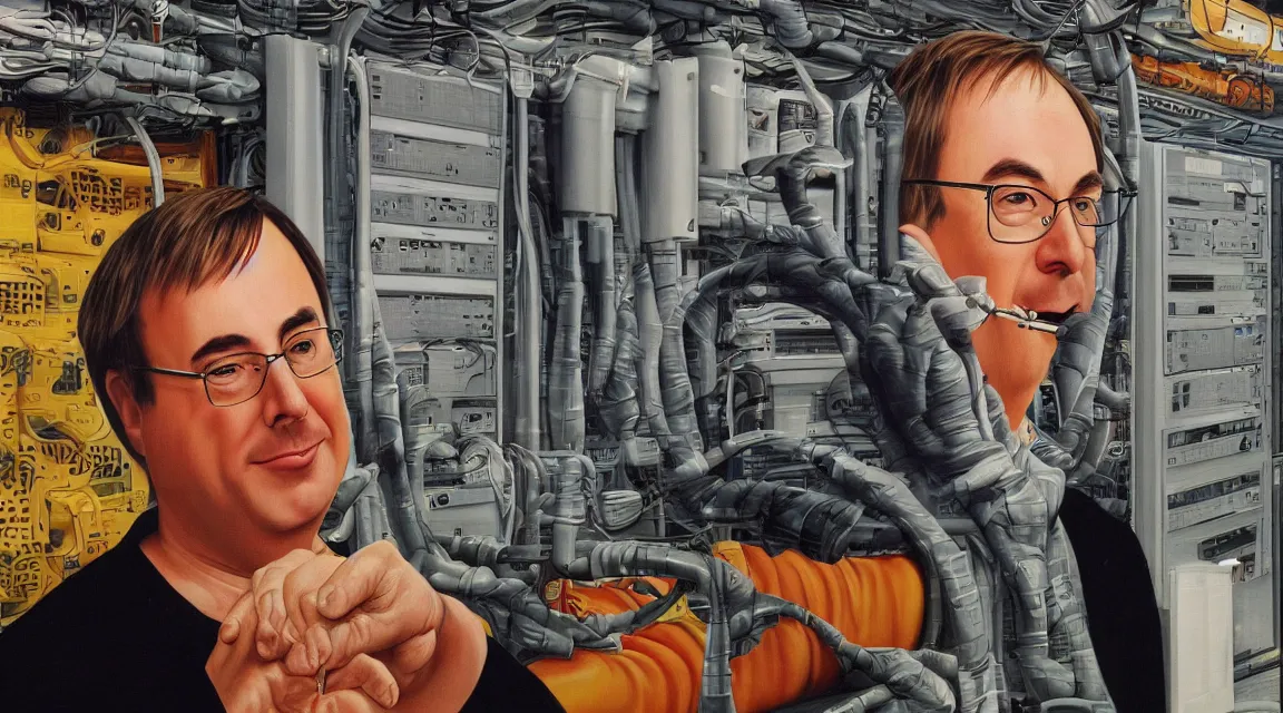 Image similar to Wallpaper of Linus Torvalds in a datacenter painted by fernando botero