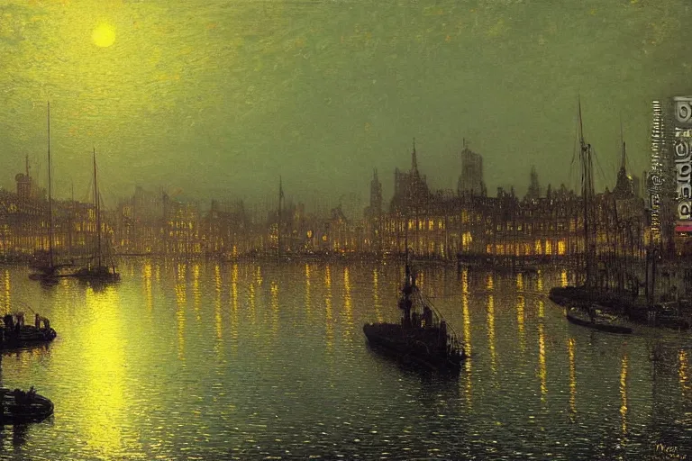 Image similar to victorian harbour night, a beautiful painting by atkinson grimshaw, autumn,