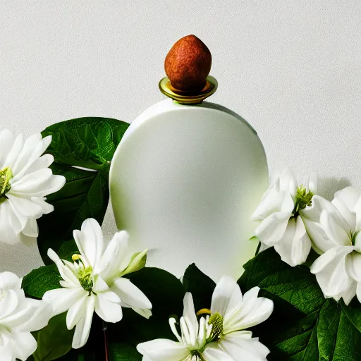 Prompt: perfume bottle surrounded by white flowers, green leaves, and pears, soft zen minimalist, white background, bright, crisp