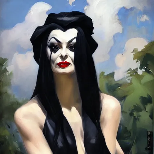 Image similar to greg manchess portrait painting of partially armored morticia from addams family as overwatch character, medium shot, asymmetrical, profile picture, organic painting, sunny day, matte painting, bold shapes, hard edges, street art, trending on artstation, by huang guangjian and gil elvgren and brom