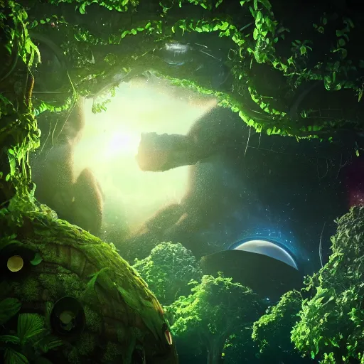 Image similar to cinema 4D cinematic render, utopian jungle in space , Galaxy in the sky, a detailed zoned in human anatomy veins, nature, heavy green, dramatic lens flares,far view apes hanging from vines, a evil dark sun , depth field, unreal engine, sharp, incredible detail, professional composition, quality digital art, 4k, 4k concept art and hyper realism