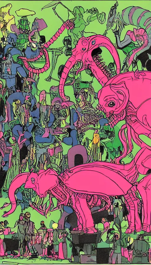 Image similar to a xenomorphic pink and green cyborg elephant playing piano in the middle of a liminal satanic landscape, a crowd of blue necromancers watching the show