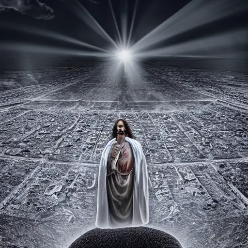 Prompt: Jesus Christ as skeleton inside an epicenter of a thermonuclear blast standing on the Earth sphere with radioactive rays to the sides, insane detail, photorealistic ultra high definition cinematic scene, sony a7r, 35mm