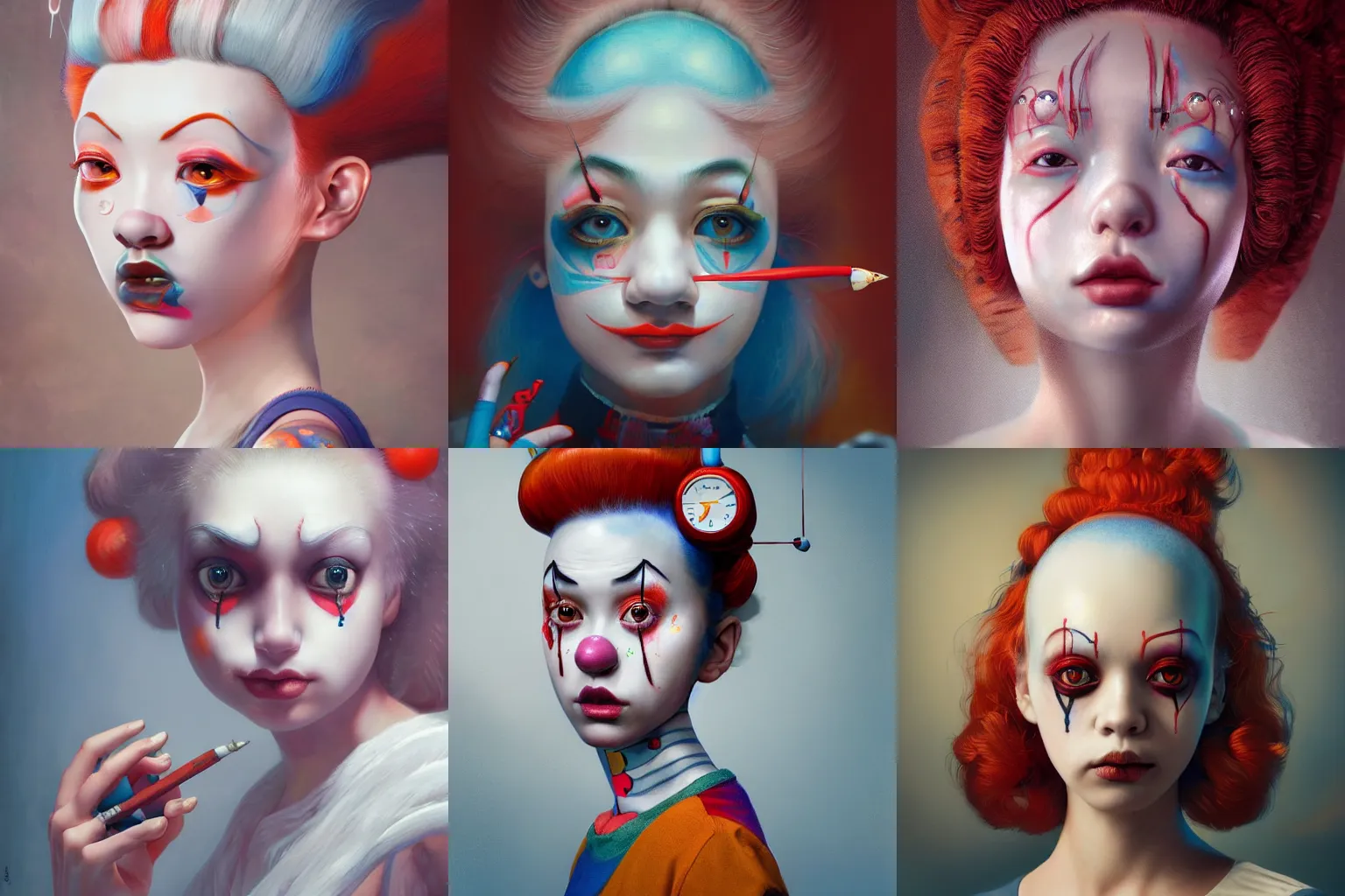 Prompt: breathtaking detailed painting of clown girl, with anxious, piercing eyes, atari game cover art by hsiao - ron cheng, james jean, miho hirano, hayao miyazaki, extremely moody lighting, hyperrealistic, octane render, rpg portrait, ambient light, dynamic lighting