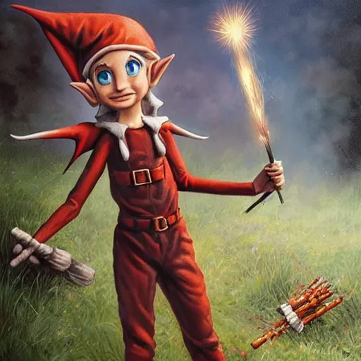 Image similar to a skinny fantasy elf with spiky blonde hair wearing dark brown overalls and holding a firecracker standing next to a destroyed car, painting by artgerm