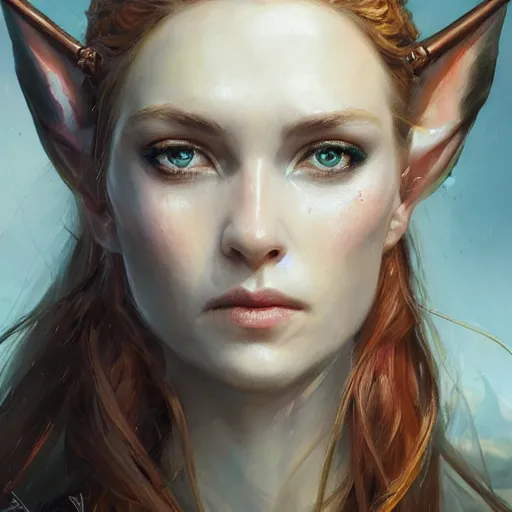 Prompt: A head-on detailed oil fantasy portrait of a pretty elf woman with copper horns, long blonde hair and bright copper irises, by greg rutkowski, trending on artstation, dungeon and dragons art