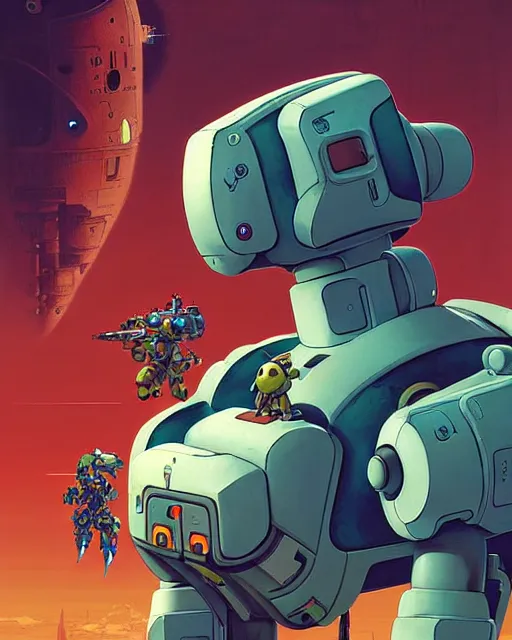 Image similar to bastion the friendly robot from overwatch, with his pet bird, character portrait, portrait, close up, concept art, intricate details, highly detailed, vintage sci - fi poster, retro future, vintage sci - fi art, in the style of chris foss, rodger dean, moebius, michael whelan, katsuhiro otomo, and gustave dore