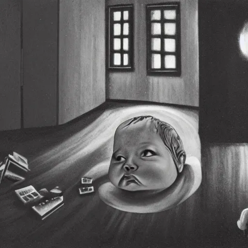 Image similar to a big head baby in floor inside a dark house, surrealism