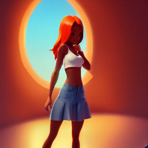 Prompt: upper body illustration of a beautiful latin girl, brown skin, orange hair, small waist, she wears a pretty miniskirt, mattepainting concept blizzard pixar maya engine on stylized background splash comics global illumination lighting artstation, sharp focus, lois van baarle, ilya kuvshinov, rossdraws