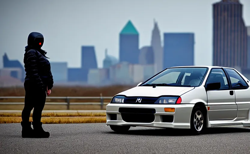 Image similar to photograph of a cell-shaded Honda EK9 Type-R next to a techwear woman standing looking off into the distance, on an Ohio road with a futuristic city in the horizon, one point perspective, 1-point perspective, tilt shift, sigma 85mm f/1.4, 4k, depth of field, high resolution, 4k, 8k, hd, full color, trending on artstation