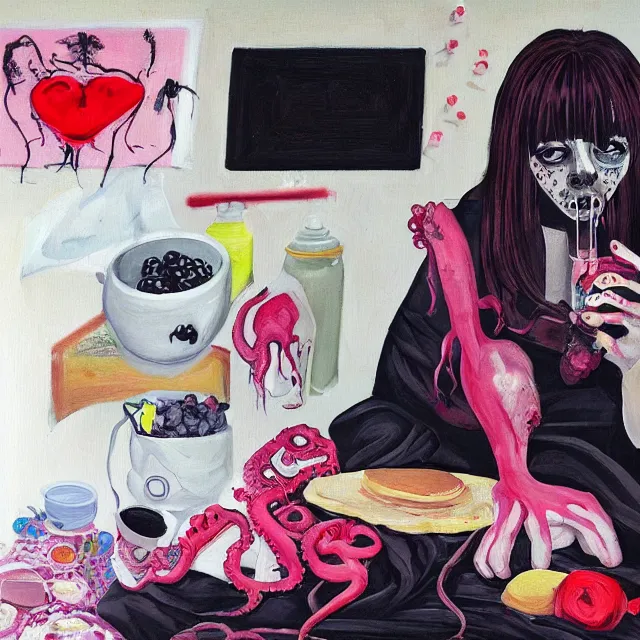 Image similar to a portrait in a female artist's bedroom, black walls, emo girl eating pancakes, sheet music, berries, surgical supplies, handmade pottery, flowers, sensual, octopus, neo - expressionism, surrealism, acrylic and spray paint and oilstick on canvas