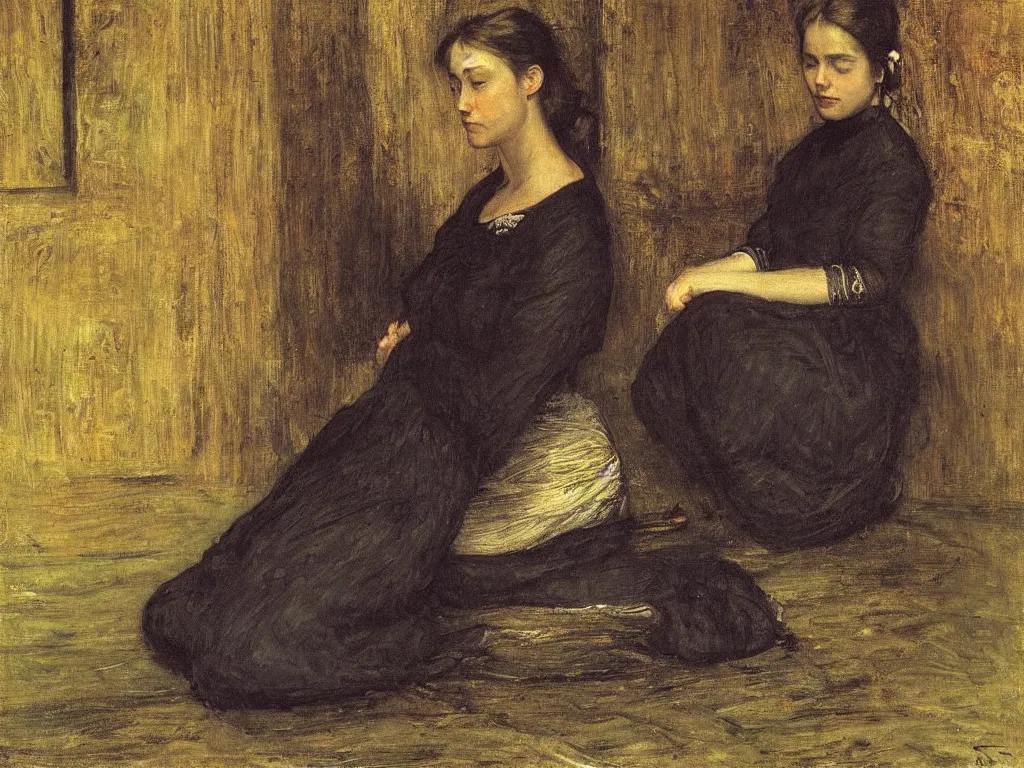 Prompt: Beautiful woman seated in meditation posture. Painting by John Everett Millais