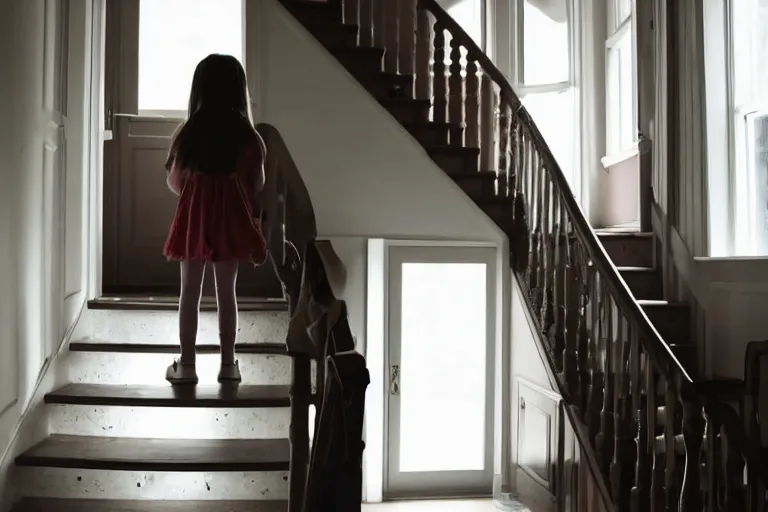 Image similar to a girl standing at the top of stairs in a house, looking at the ghost of a man at the bottom