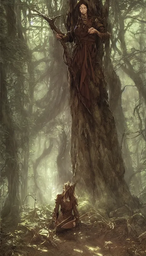 Prompt: Realistic portrait painting of a high fantasy wood elf wizard in a magical forest clearing by John Howe, Greg Rutkowski, Frank Frazetta, Artgerm, Donato Giancola, Christophe Vacher, dramatic lighting