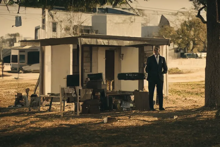 Prompt: cinematography of man in suit selling guns at little cardboard stand in residential neighborhood by Emmanuel Lubezki