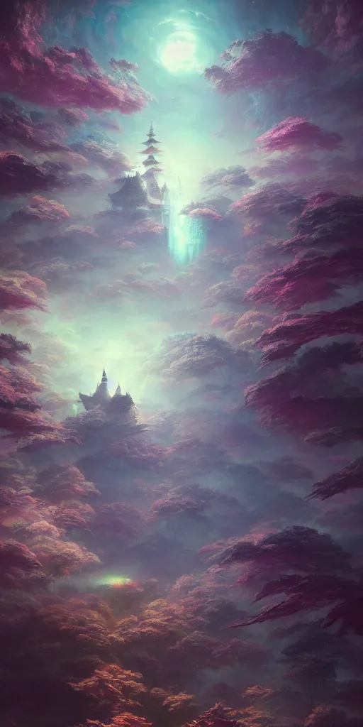 Image similar to a psychedelic realm hidden away in a pocket of ethereal understanding, astral projection of himeji castle, in the style of greg rutkowski, and wlop, and lisa frank, and bob ross, and ruan jia, illustration, epic, fantasy, hyper detailed, smooth, unreal engine, sharp focus, ray tracing