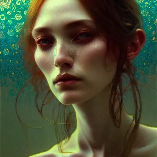 Image similar to An extremely psychedelic portrait, surreal, LSD, face, detailed, intricate, elegant, lithe, highly detailed, digital painting, artstation, concept art, smooth, sharp focus, illustration, art by Krenz Cushart and Artem Demura and alphonse mucha