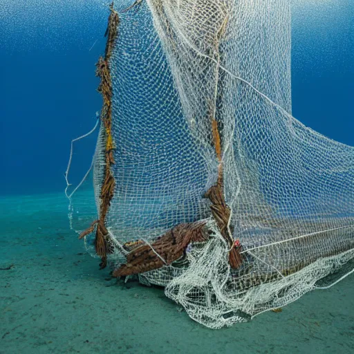 Prompt: nylon trawl net with rockhoppers being towed behind a boat, scraping over the seabed, silt plume behind the net, underwater photo - c 1 1
