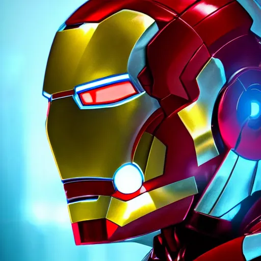 Image similar to Cyberpunk Iron man, close up shot, neon, cyborg, futuristic, photorealistic, 8K, reflection on helmet,