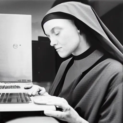 Prompt: award - winning photograph of a nun hunched over a computer while she hacks into the mainframe