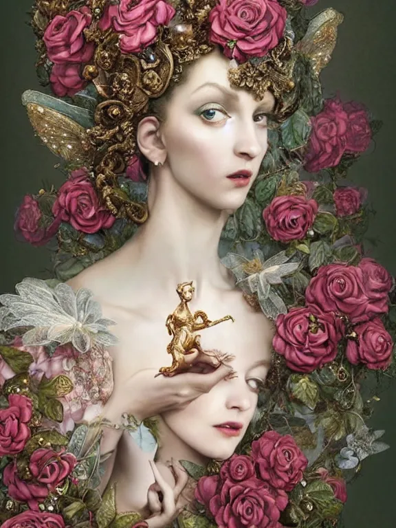 Prompt: a 65mm fashion portrait of a fairy lady sculpture who has rococo dramatic headdress with baroque intricate fractals of roses,dressing pearls tassels, made of crystal,by tom bagshaw,Cedric Peyravernay,Virginie Ropars ,William Holman Hunt,GUCCI,DIOR,trending on pinterest,hyperreal,jewelry,gold,maximalist