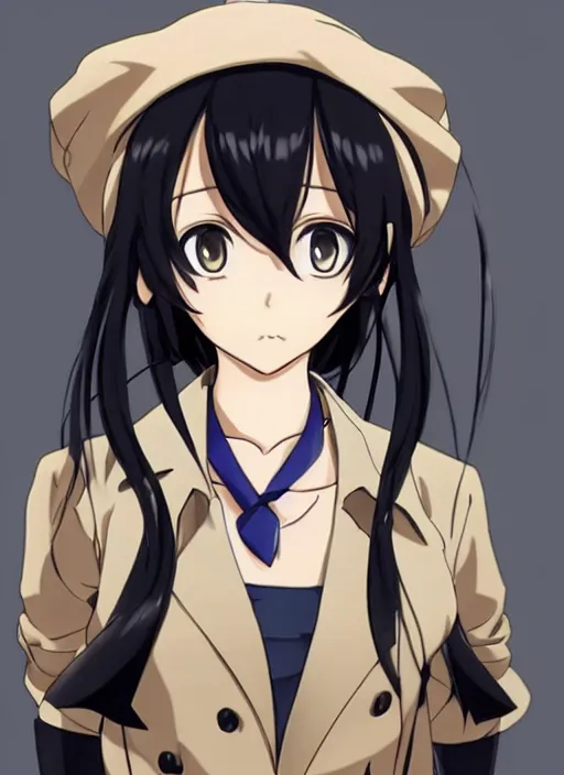 Image similar to key anime visual of a beautiful girl wearing a beige beret and blue shirt; long black hair; anime; drawn by Shigenori Soejima; 3 tone colors