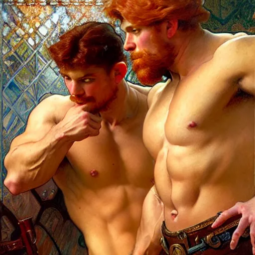 Image similar to attractive muscular mike with ginger hair and muscular attractive ty with brunet hair, drinking their hearts out, boys night out. highly detailed painting by gaston bussiere, craig mullins, j. c. leyendecker, alphonse mucha 8 k