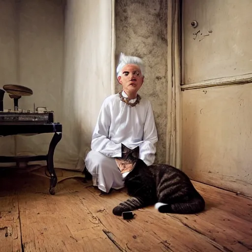 Prompt: a full body protrait beautifull witch with white hair in old room. A cristal ball on a wood table with a potions and old instruments. A cat on the floor licking his paw. photorealistic, profesional photo, by Steve McCurry